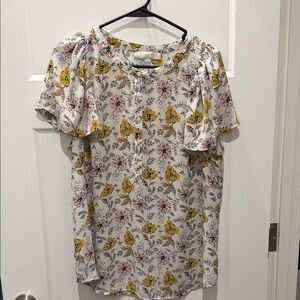 LOFT White Floral Button-Front Blouse with Yellow & Pink Flowers